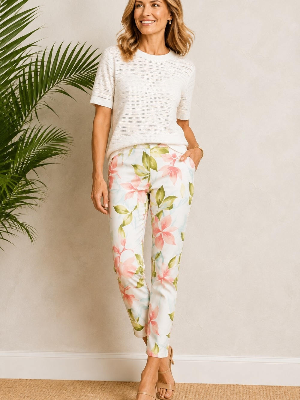 Talbots White Cropped Pants with Pink Floral Print